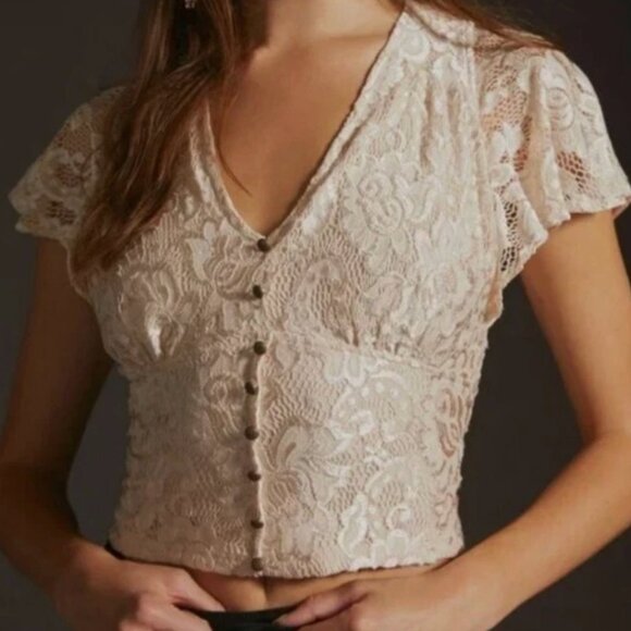 By Anthropologie V-Neck Flutter Hem Tie Top - Women's XS - Picture 2 of 8